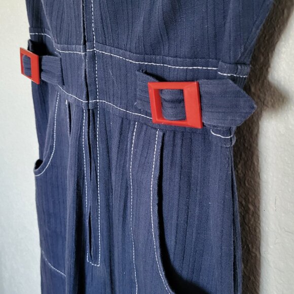 Vintage Navy Jumpsuit with Red Accents & Hood - Picture 5 of 15